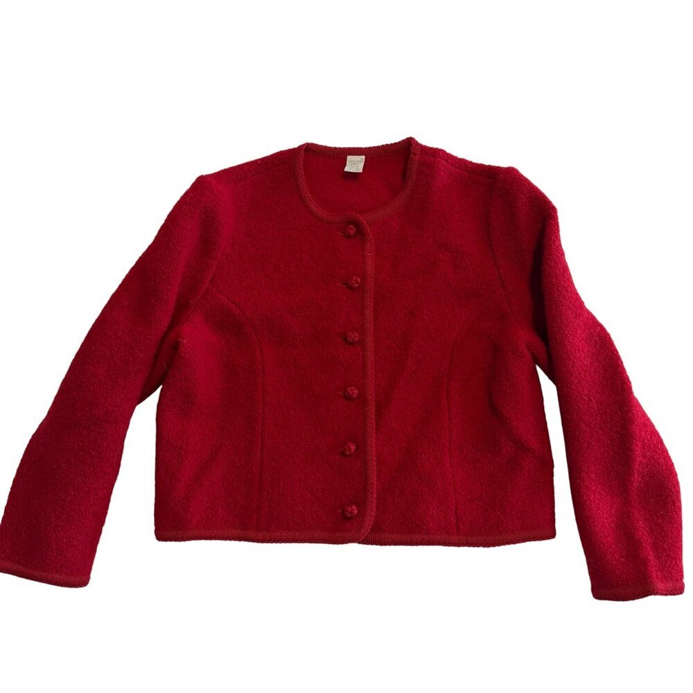 Vintage LANDS END Red 100% Boiled Wool Cardigan Sweater Jacket 14P - Picture 2 of 10